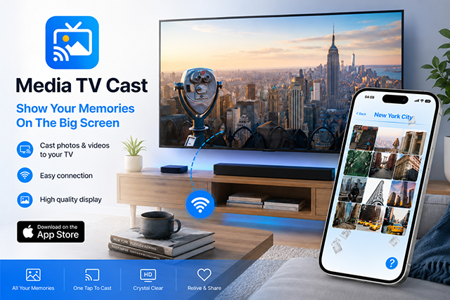 Media TV Cast app showing photos cast to a TV